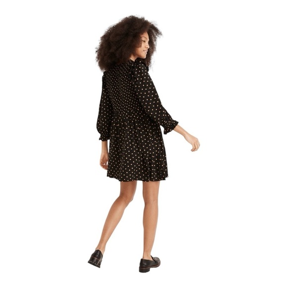 Madewell Lucie V-Neck Smocked Mini Dress in True Black Oval Dot. Size Medium. - Picture 4 of 10